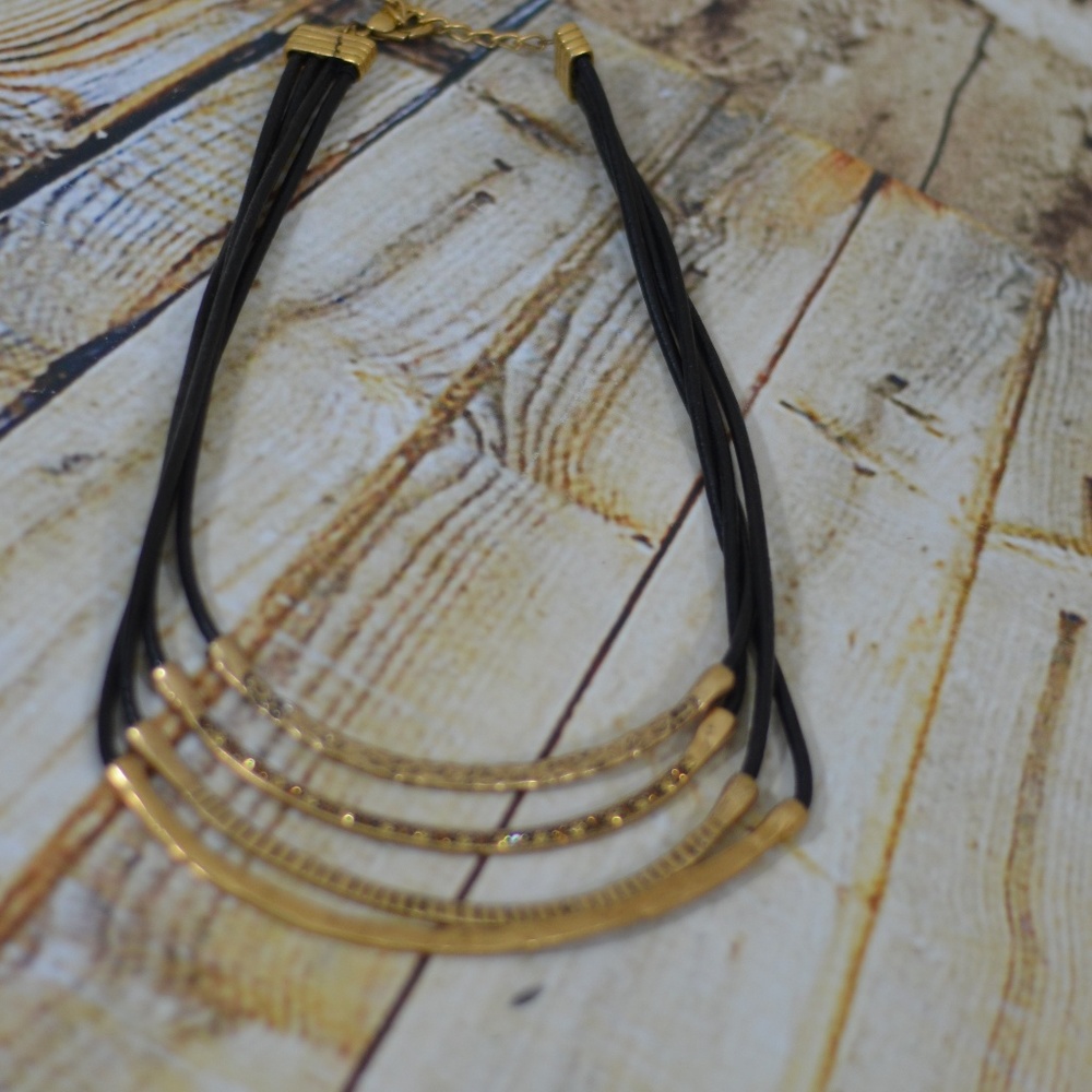 Layered Black Cord Gold Bar Statement Necklace